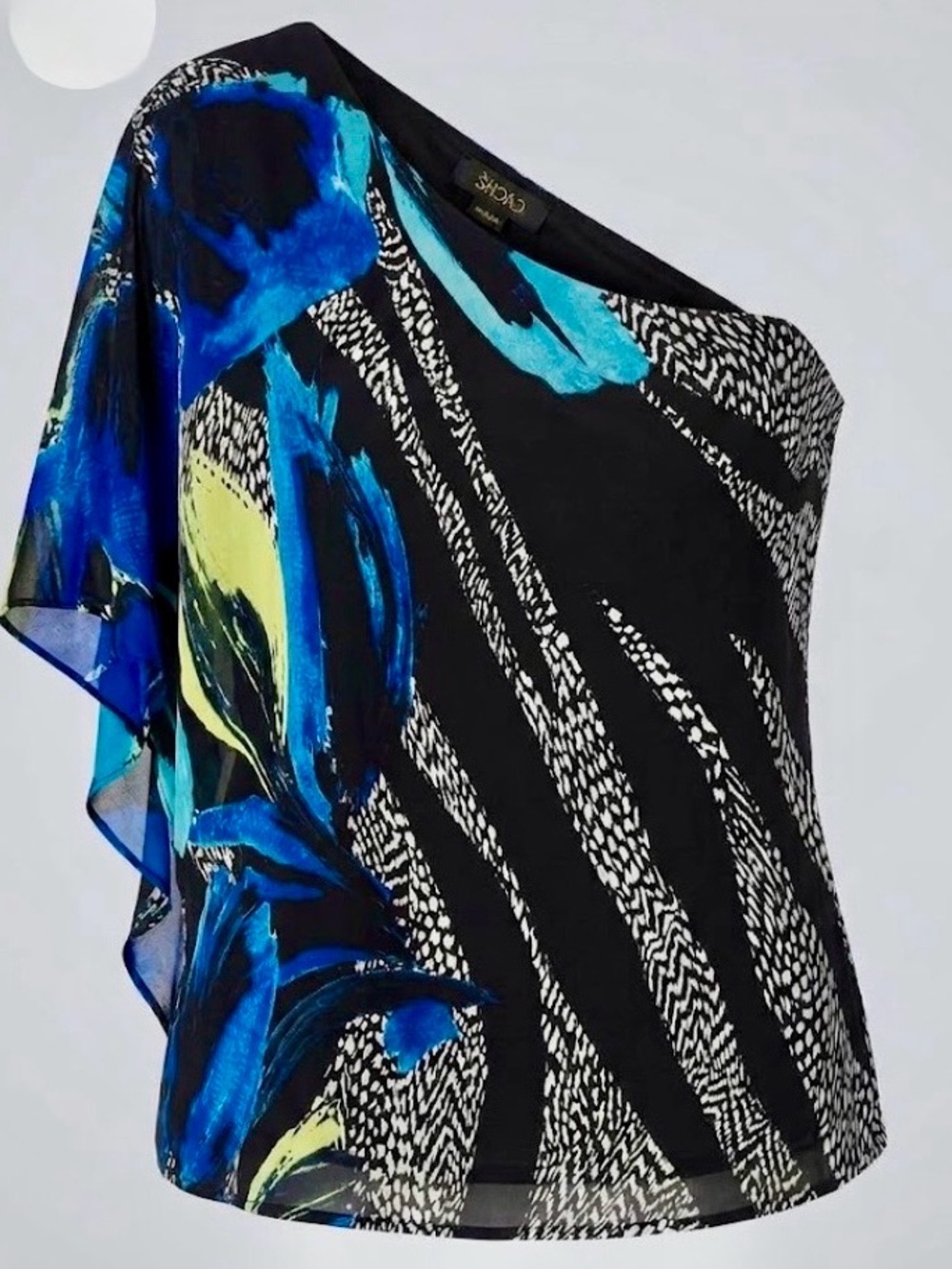 Caché Blue & Black Abstract Animal Floral One Shoulder Top M